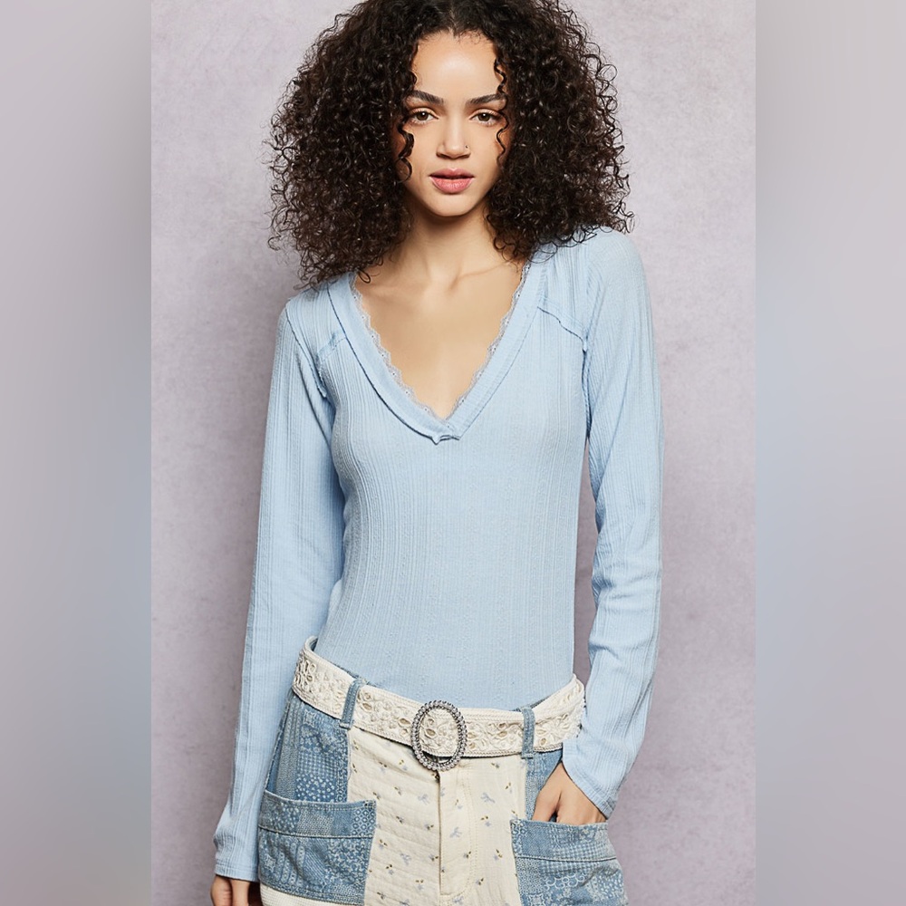 POL V-Neck Long Sleeve Ribbed Top with Lace-Accent Neckband